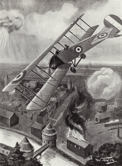 El teniente segundo L A Strange bombardeando el cruce ferroviario en Courtrai, Bélgica, Primera Guerra Mundial de W. Avis